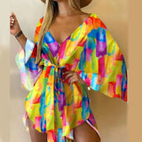 Women Elegant Dresses Sexy V Neck Lace-up Floral Print Mini Dress Casual Flared Sleeves Irregular Ladies Party