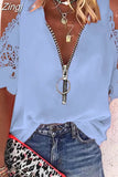 Lace Zipper Blouse Hollow Out Short Sleeve Women V-neck 5XL Casual Fashion Shirt Lady Loose Sexy Elegant Tops Mujer