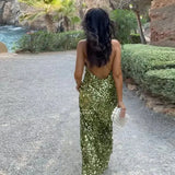 Green Sequin Backless Sling Maxi Dress-Outfit