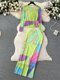 Women Painting Mesh Suits Long Sleeves Tops+High Waist Bodycon Skirt Fashion Streetwear Vintage Skinny Two Pieces