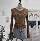 Spice Girls Design Sense Net纱 Stitched With Denim Blouse Long-Sleeved Bottom Shirts To Dress Short Niche T-Shirt
