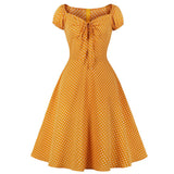 Vintage 50s Swing Rockabilly Dress Polka Dot Print Draw String Summer Casual Sundress Chiffon Bohemian Women's