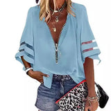 New V-Neck Zipper Shirt Half-Horn Sleeve Grid Spliced Loose Casual Shirt For