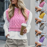 Autumn sweater Women Casual Turtleneck Pink Knitted Pullover Vest Chic Lady Sleeveless Sweaters Girls Cute Knitted