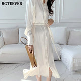 Spring Summer Satin Shirt Dress for Women 2021 Elegant Full Sleeve Single-breasted Lace-up Female Midi Dress