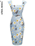 Chic Office OL Bandage Ladies Party Dress 50s Sleeveless Retro Vintage Floral Printed Blue Sling Pin Up Bodycon