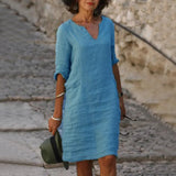 Cotton Linen Small V-neck Stitching Retro Basic Model Solid Color Three-quarter Sleeve