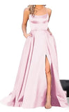 Long Formal Evening Dresses Long Vestidos De Fiesta A-Line Sexy High Slit Satin Simple Prom Party