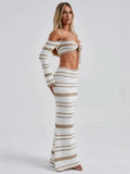 New Hottie Women's Suit Summer Striped Long-Sleeved Hanging Neck Top Skirt Two-Piece
