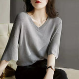 Ice Silk Knitting Shirt Petal Sleeve V-neck Loose T-shirt Ladies Half Sleeve Casual Tops Female Fashion Clothing