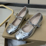 Wind Square Shallow Bow Bow Small Leather Shoes Women's Net Red Explosive Fashion Temperament Trend Coarse Heel Increase Single