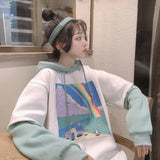Women Printed Patchwork Hoody Simple Thicker All-match Loose Simple Korean Style BF Drawstring Womens Streetwear