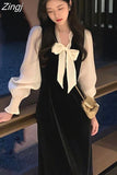 French Dresses for Women Party Long Sleeve Elegant Evening Casual Design Slim Korean Fashion Velvet Dress Autumn
