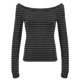 Large Round Collar Out-To-Shoulder T-Shirt 2025 Early Autumn New Hottie Thin Striped Top Knitted