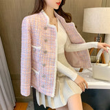New Fashion Women Stand Collar Plaid Yellow Tweed Jacket Pearls Double Breasted Vintage Elegant Ladies Tassels Twill