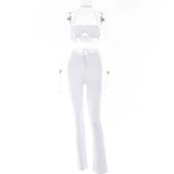 Black Sexy Sleeveless Two Pieces Sets Women Halter Bandage Crop Top Flare Pants Slim Matching Set Backless Club
