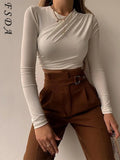 O Neck 2021 Brown Crop Top Women Ruched 90s Y2K Basic Autumn Winter Casual Black Long Sleeve T Shirts Sexy