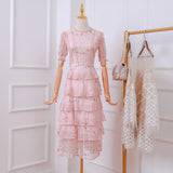 Layer Ruffles Lace Maxi Dress Runway Summer Women White Floral Embroidery Long Dress Hollow Out Cake Party