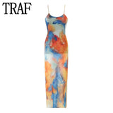 Tie Dye Tulle Long Dress Women Summer Slip Bodycon Dress 2023 Backless Sexy Summer Dresses Midi Evening Party