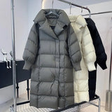 Korean Version Long Down Jacket Female 2024 Winter New Fashion Add Thick Puff Feeling Loose Over The Knee Coat Tide Large Size-Outfit