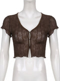 Wave Mesh Crop Top y2k Brown Pin Up T Shirt V Neck Trim Short Sleeve Cardigans Women Retro Cute Chic Tee Korean
