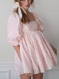 Square Neck Pleated A-Line Dress Spring Summer Short Sleeve Loose Floral Print Dress Women Elegant Puff Sleeve Party