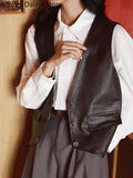 V-neck Leather Vest Women Korean Fashion Cropped Streetwear Vest Leather Vintage Casual Sleeveless Leather Outwear 2023