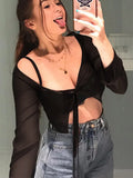 Aesthetic Crop Top Summer Women Mesh Long Sleeve T Shirt Lace Up Bandage Clothes y2k Clothes Casual Grunge