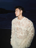 And Lonely Wind Hollow Knitted Shirt Male Sense Perspective Loose Long-Sleeved Net Eyes Twilight Twilight Tearing Up Fashion