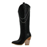 Winter Fashion Knee High Boots Women Wedges Heel Zipper Western Boots Ladies Chain Pointed Toe Long Boots Black