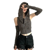 Zingj 2023 New Waste Dirt Street Hot Girl Sexy Slim Hole Hollow Sweater Sleeve Top Suit-Outfit