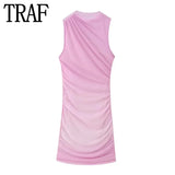 Pink Tulle Mini Dress Woman Mesh Bodycon Dress Women Sleeveless Semi Sheer Short Dresses For Women Ruched Summer