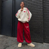 Red Printing Trousers Women Loose Gibe Foot Drawstring Design Street Cool Sports Slacks Autumn And