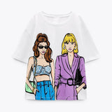 2025 New Women's Round Collar Short Sleeve Contrast Color Print T-Shirt 5644156