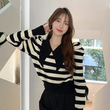 Korean Fashion Vintage Striped Sweater Women Pullovers Wool Peter Pan Collar Lantern Sleeve Autumn 2021 Knitted