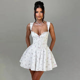 White Floral Turned Strap Corset Mini Dress-Outfit