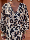 Leopard Printed Side Split Midi Dress Women Sexy V Neck Lantern Sleeve Dresses Fashion Lady Casual Loose Vestidos