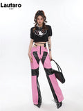 Spring Autumn Sexy Pink and Black Patchwork Hollow Out Pu Leather Flare Pants for Women Emo Designer Gyaru Clothes
