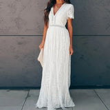 2022 Summer Vintage Women Maxi Party Dress Short Sleeve White Lace Long Tunic Beach Dress Vocation Holiday