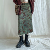 Zingj Chinese Print Retro Style Skirt Autumn 2023 New Sen Fresh Low Waist Color A Word Long