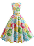 Print Vintage Dress Women Summer Pin Up Retro 50s Rockabilly Sleeveless A-Line Midi Party Dresses