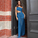 Sheer Draped One Shoulder Cut Out Maxi Dress- Outfit