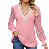 Zingj New Autumn / Winter 2024 Women's V-Neck Lace Stitching Hollow-Out Long Sleeve Loose Jacket T-Shirt-Outfit