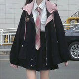 Japanese Kawaii Zipper Black Jacket Women Harajuku Autumn Oversized Preppy Style Cute School Girls Pink Outwear
