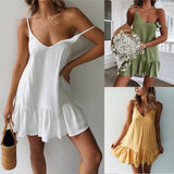 Spaghetti Strap Ruffle Dress Women Summer Dress Cotton Linen Vestidos Green Dresses Off Shoulder Sexy Mini