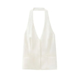 2025 New Women's Fashion Simple V Neck Open Back Hanging Collar Vest Top