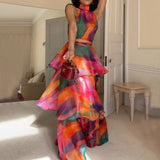 Zingj 2023 New Fashion Print Round Collar Sleeveless Waist Fluffy Cake Skirt Women's Wear-Outfit