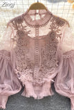 Through Mesh Lace Blouse with Lining Women Elegant Embroidery Floral Lantern Sleeve Slim Short Tops Ladies Sexy Shirts