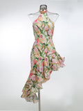 New Sexy Shoulder Hanging Neck Print Dress In The Long Dress Irregular Lotus Leaf Side Temperament Dress