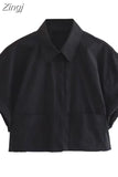 Black Crop Top Women Short Sleeve Cropped Shirt Woman Fashion Loose Summer Blouses For Women 2023 Collared Button Up